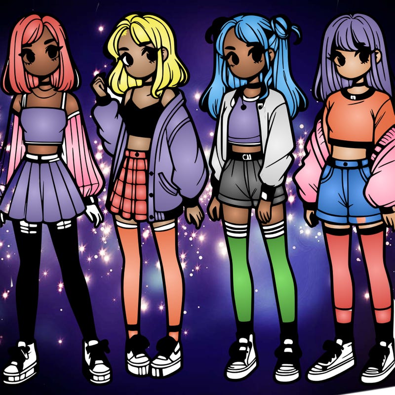 one girl with crop-top shirt and a jacket with a skirt, long socks and another girl with a shirt and pants with a jacket