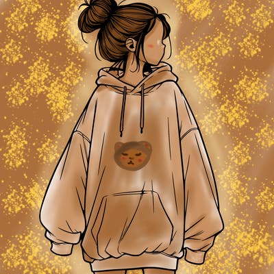 realistic girl with a oversized sweatshirt on and a bun