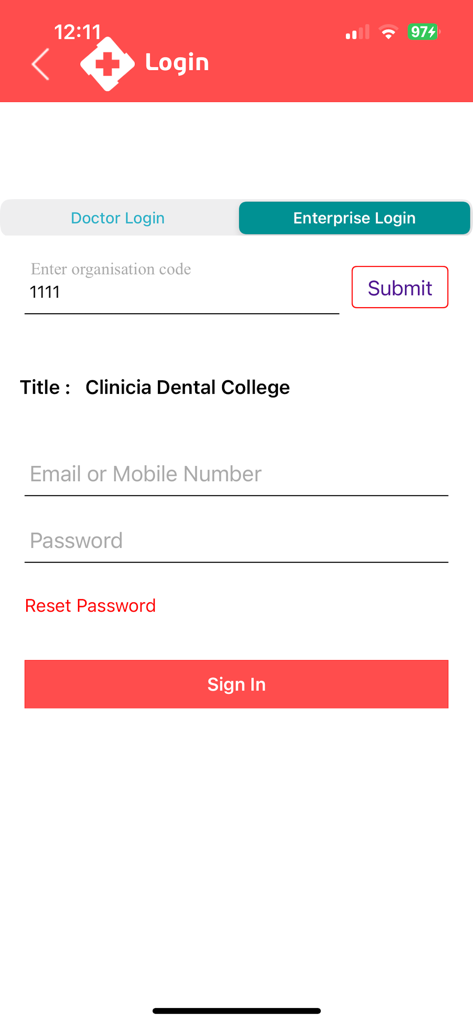 Login-Bildschirm für die Clinicia Praxismanagement-App mit Anmeldeoptionen für Ärzte und Unternehmen