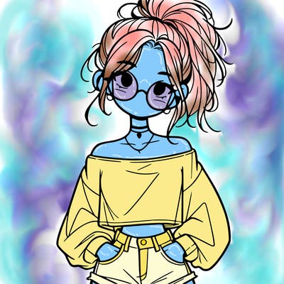 girl with a messy ponytail glasses a baggy crop top and jean shorts