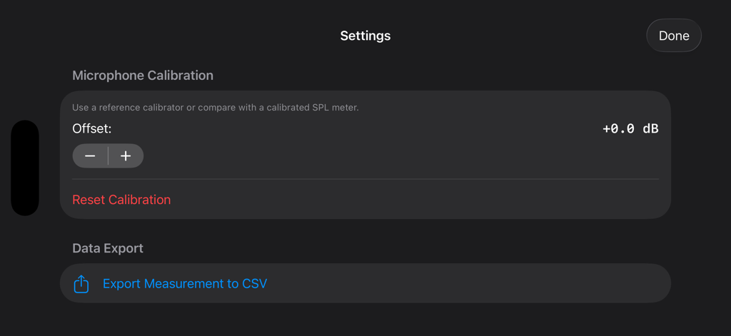 RTA Pro - RTA Pro settings menu displaying microphone calibration offset controls and data export to CSV option