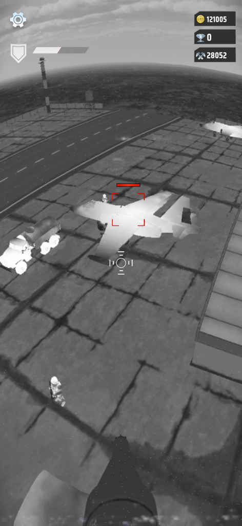 Drone Strike Military War 3D - Vue aérienne thermique depuis un drone ciblant un jet militaire et des véhicules sur un aérodrome