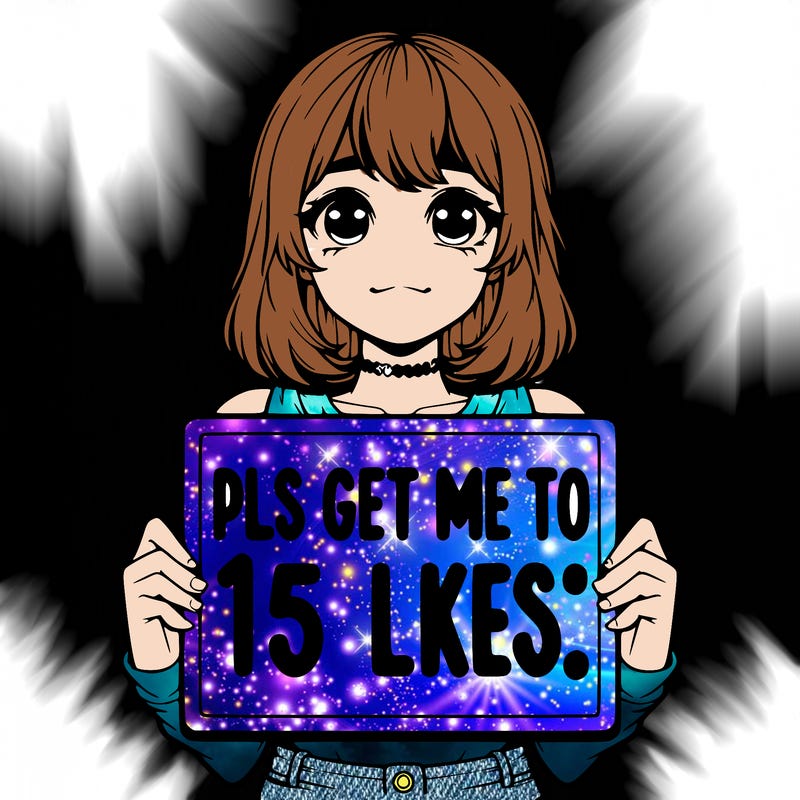 realistic girl holding up a sign that says “pls get me to 15 likes!”