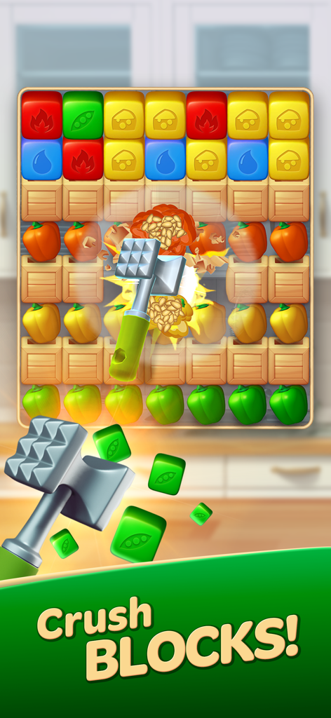 Gordon Ramsay: Chef Blast - Puzzle gameplay in Gordon Ramsay Chef Blast featuring a meat mallet hammer crushing blocks