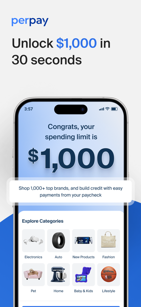 Smartphone screen showing Perpay app spending limit of one thousand dollars and shopping categories
