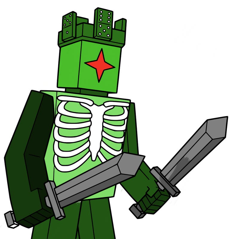 a blocky guy with the body having a rib cage and on the head a crown made of 3 domino’s and a eye that is made with a star with 4 points and swords no skeleton arms and do a 4 point star eye