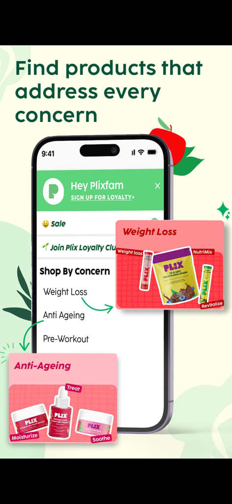 Plixlife - Plixlife app screen showing plant-based health products categorized by concerns like weight loss and anti-ageing.