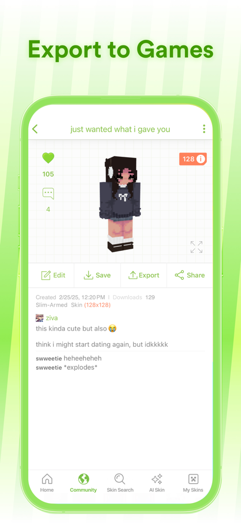 A Minecraft character skin in the Skinseed app community view with export and social features