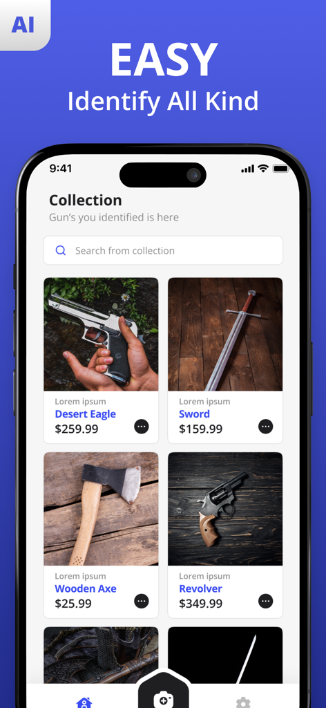Gun Identifier - A mobile app interface showing a collection of identified firearms and weapons including a Desert Eagle and a Revolver.
