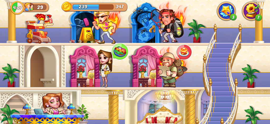 Hotel Craze® Design Makeover - Hotel Crazeの忙しいホテル経営シーン。複数のフロアでゲストがサービスを待っており、部屋の掃除が必要な様子が表示されています。