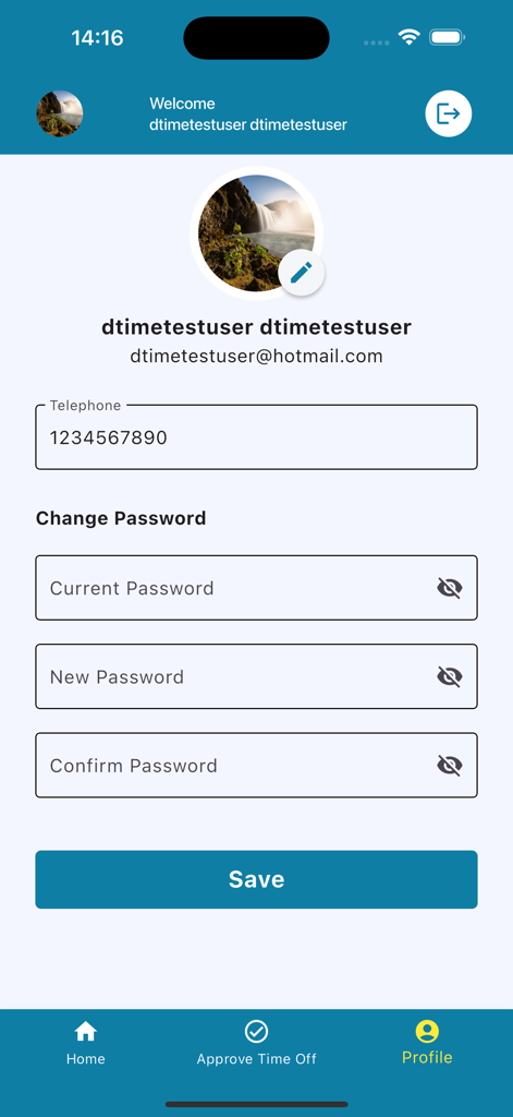 DTime - User profile and change password screen in the DTime workforce management app
