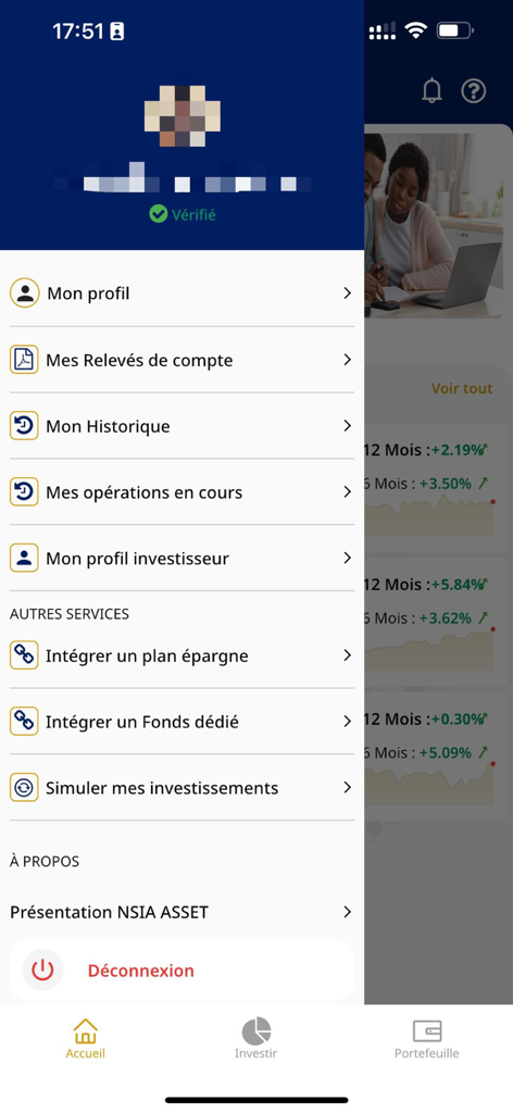 NSIA INVEST - Sidebar menu of the NSIA INVEST app showing user profile and investment management options.