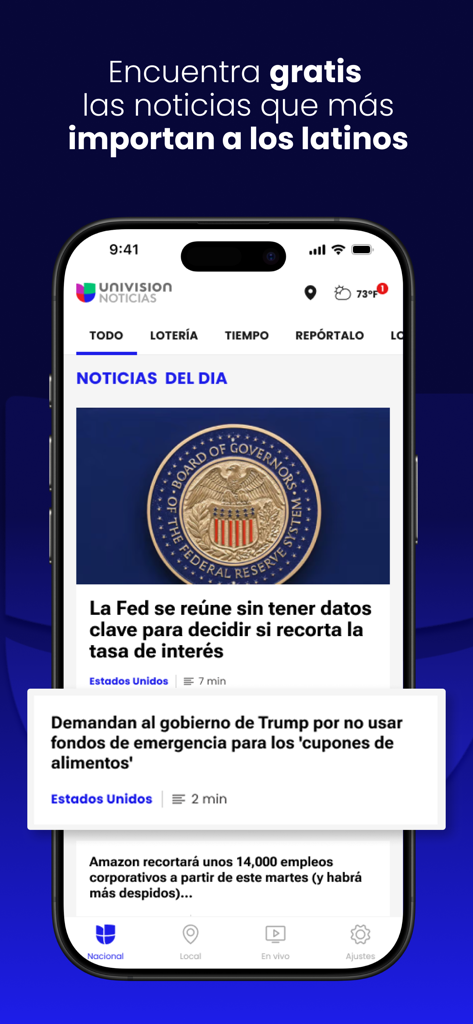 Univision Noticias - Univision Noticias 모바일 앱 인터페이스, 히스패닉 커뮤니티를 위한 스페인어 뉴스 헤드라인 표시