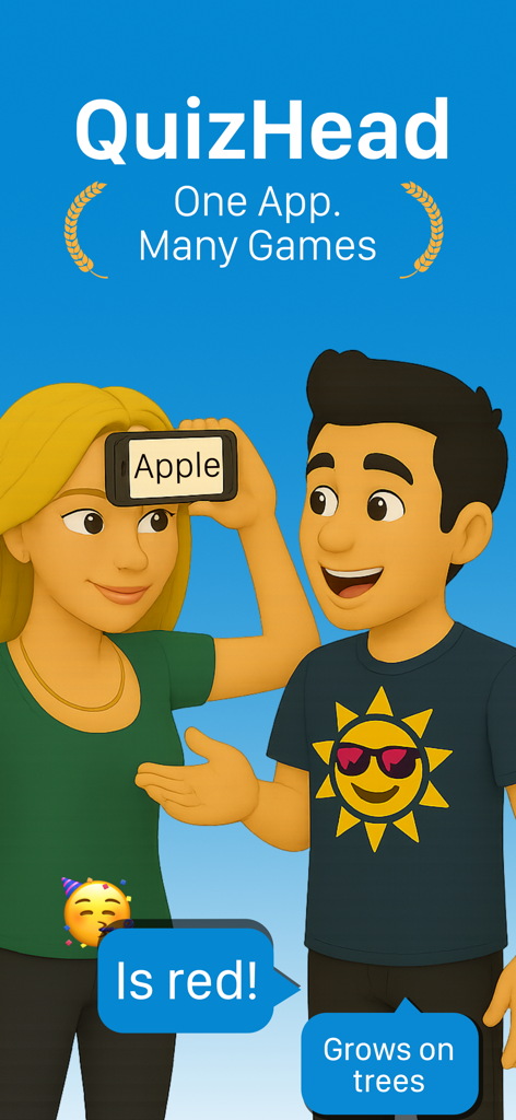 Personajes de dibujos animados jugando a un juego de mímica sosteniendo un smartphone en la frente