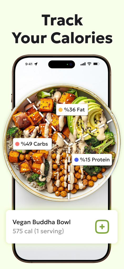 Pantalla de la app Fast and Fit rastreando calorías y macros para un Buddha Bowl Vegano