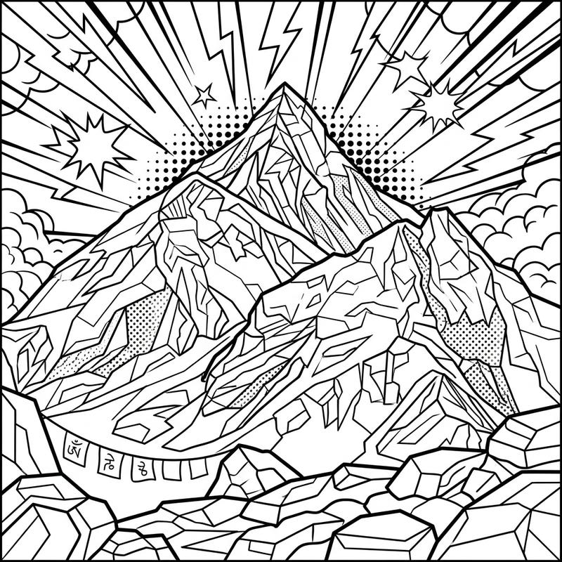 Experience the majestic Mount Everest like never before with this thrilling Pop Art coloring page. Its bold lines and dynamic elements promise an engaging and uniquely artistic challenge.