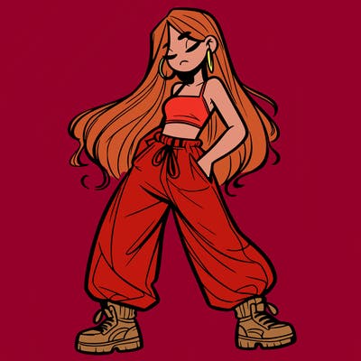 girl in baggy pants crop top and long hair