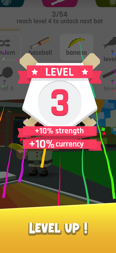Baseball Boy game level up screen showing level 3 with strength and currency rewards
