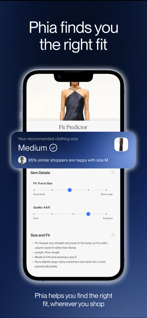 Phia app screen showing the Fit Predictor feature with a size recommendation based on customer feedback.