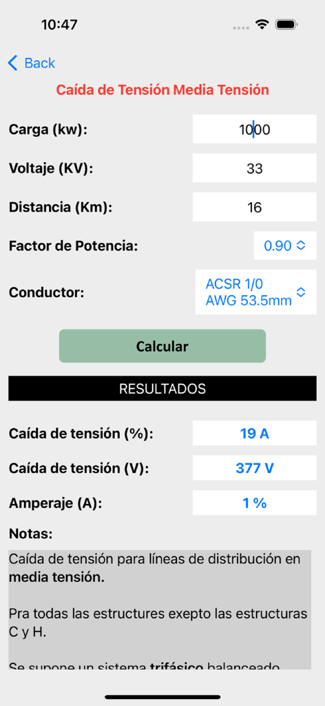 Linea Eléctrica Aérea - Écran de smartphone affichant un calculateur de chute de tension pour les systèmes électriques moyenne tension