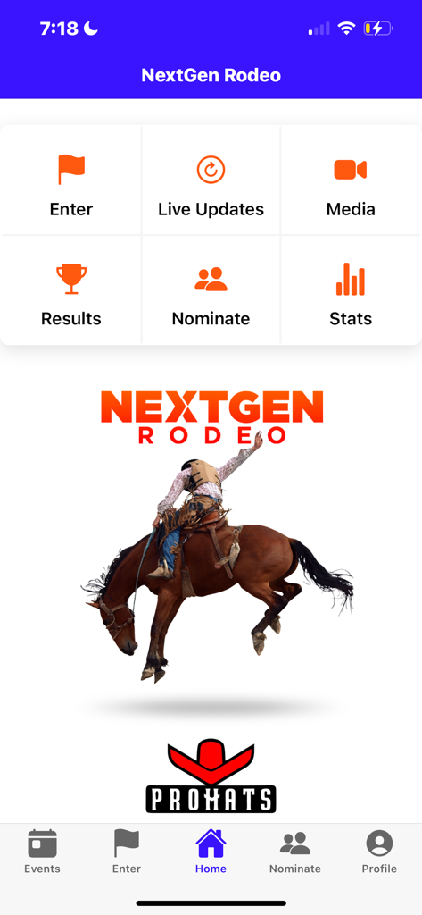 NextGenRodeo app home screen showing navigation icons for rodeo entries results and stats with a central image of a rodeo rider