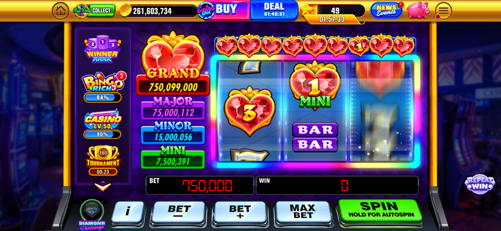 Double Rich！Vegas Casino Slots - Pantalla de juego de ¡Doble de Suerte! Slots de Casino de Las Vegas con símbolos de corazón y niveles de bote.