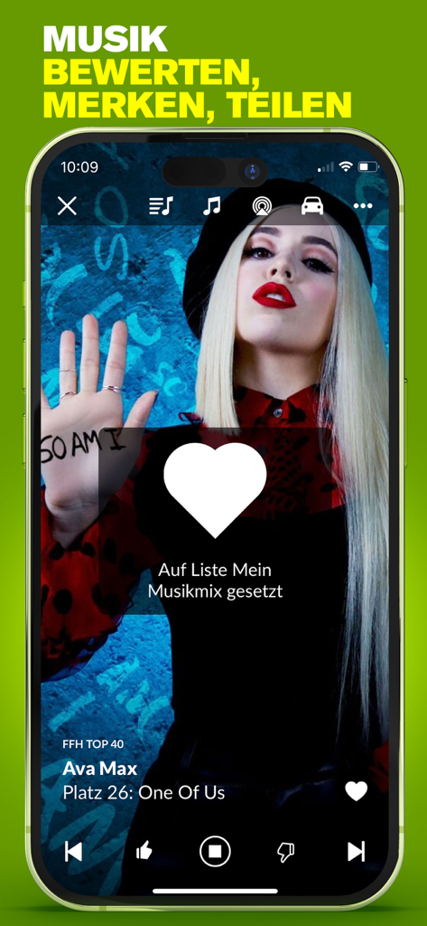 HIT RADIO FFH app music player showing Ava Max song with a large white heart icon for saving favorites