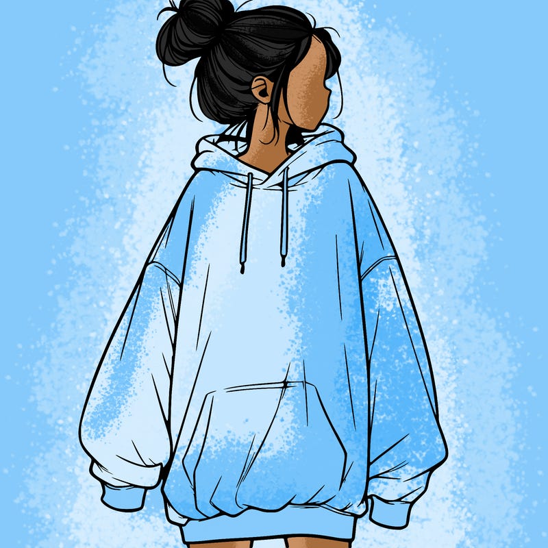 realistic girl with a oversized sweatshirt on and a bun