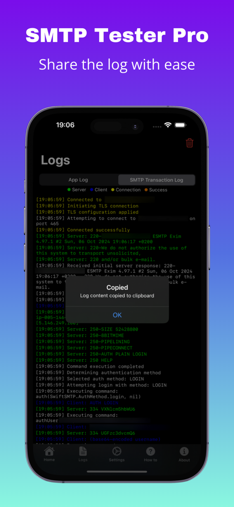SMTP Tester Pro app interface on iPhone showing a detailed SMTP transaction log with a confirmation message for copying content to the clipboard.