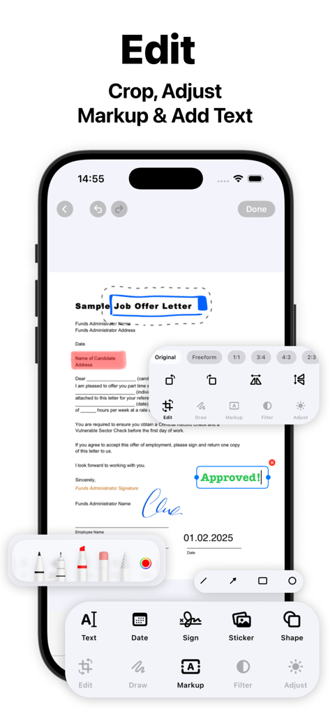 Image to PDF - Scan & Edit App - Interface de aplicativo móvel mostrando recursos de marcação e edição de documentos em uma tela de iPhone