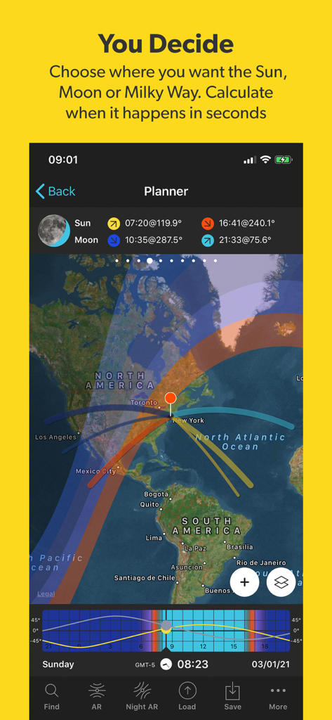 PhotoPills - PhotoPills app planner interface showing sun and moon paths on a world map for photography planning.