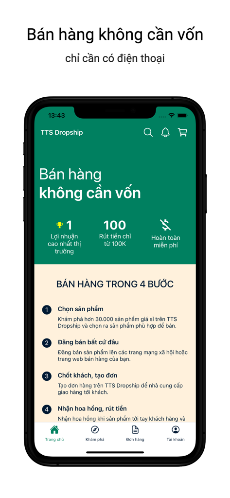 TTS Dropship - Bán hàng online - Home screen of the TTS Dropship app explaining four steps to start an online business without capital