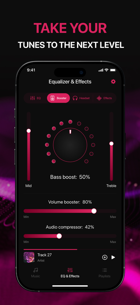 Pantalla de la aplicación EQU Music Equalizer con configuraciones de amplificador de graves y control de volumen