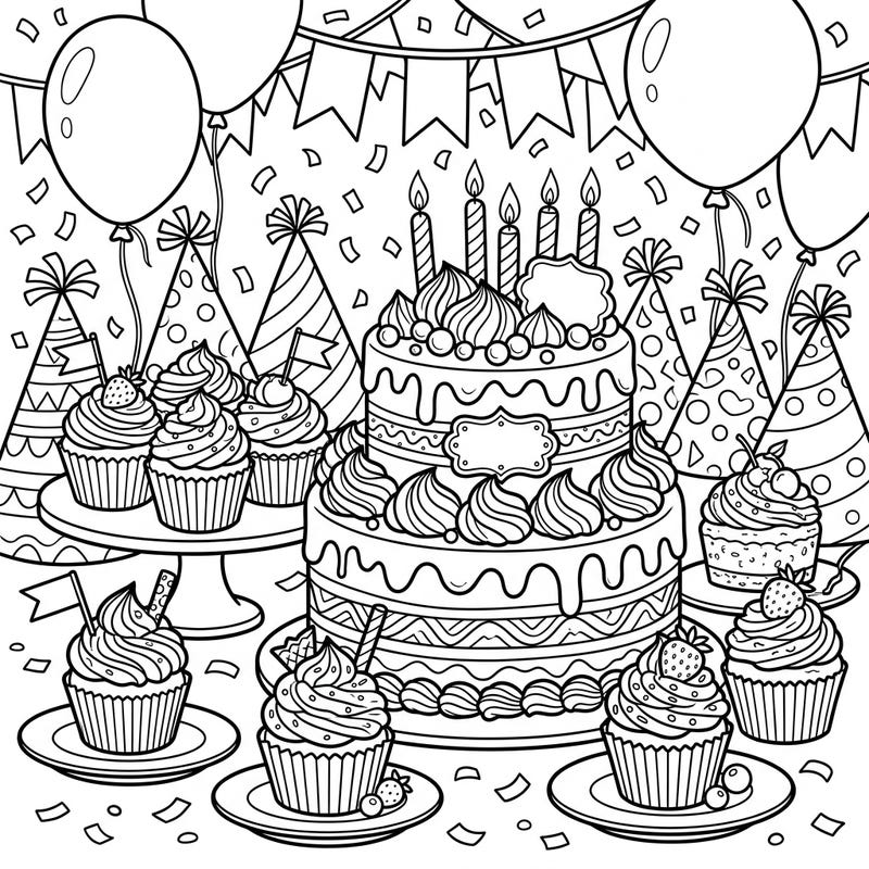 Dive into a delightful birthday scene filled with a grand tiered cake and an assortment of delicious cupcakes. This festive coloring page captures all the joy and sweetness of a special celebration, ready for your creative touch.