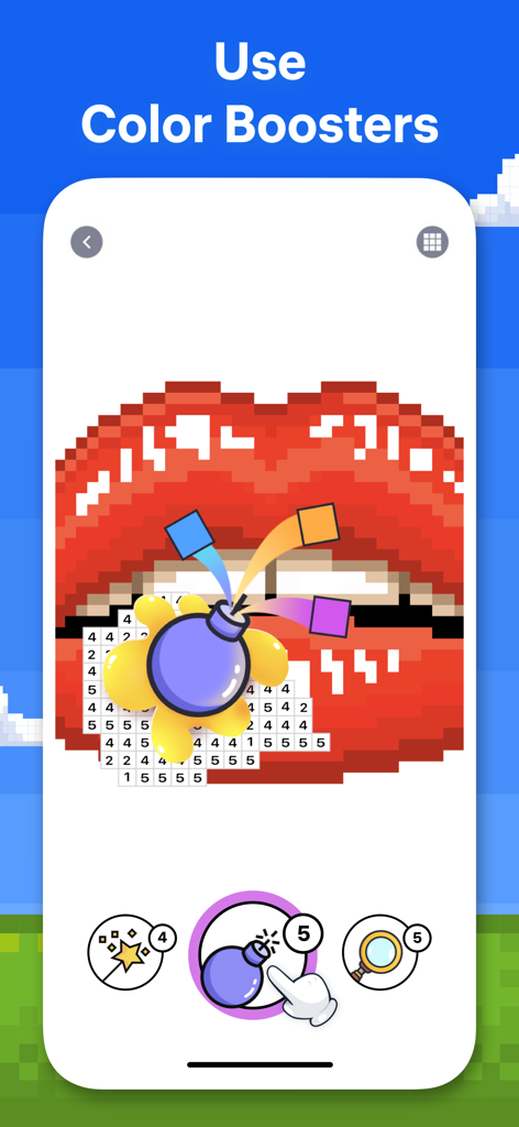 Gameplay showing a color bomb booster being used to fill in pixelated red lips