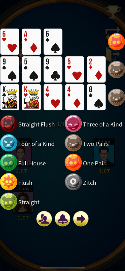 13 Poker Offline (Capsa Susun) - Écran de jeu de 13 Poker Offline montrant les arrangements de cartes et les classements des mains.