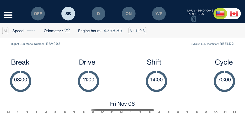 Rigbot ELD-App-Oberfläche, die HOS-Timer für Pause, Fahrt, Schicht und Zyklus anzeigt