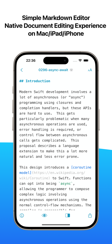 One Markdown - One Markdown app interface on iPhone showing a technical document