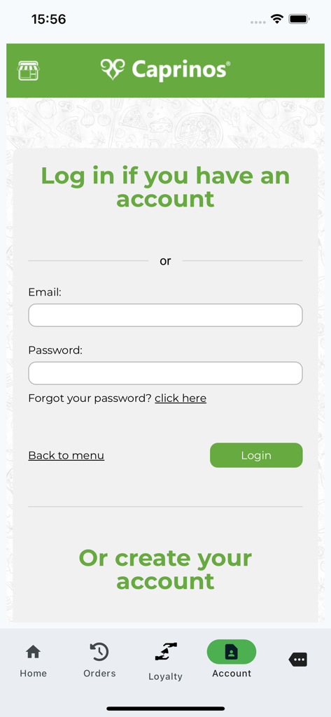 Pantalla de inicio de sesión y registro de cuenta para la aplicación móvil Caprinos Pizza.