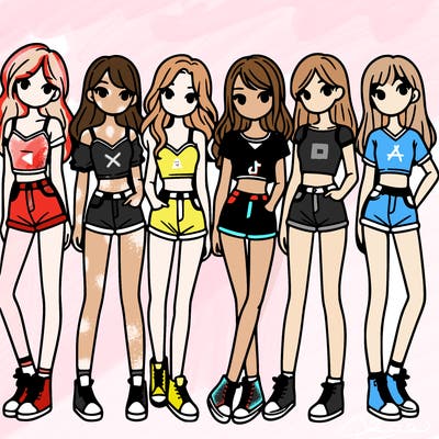 a group of girls wearing crop tops and shorts