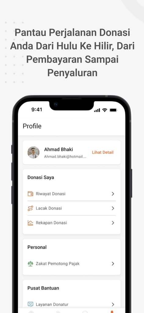 Rumah Zakat App - User profile interface in the Rumah Zakat app showing donation history and tracking features