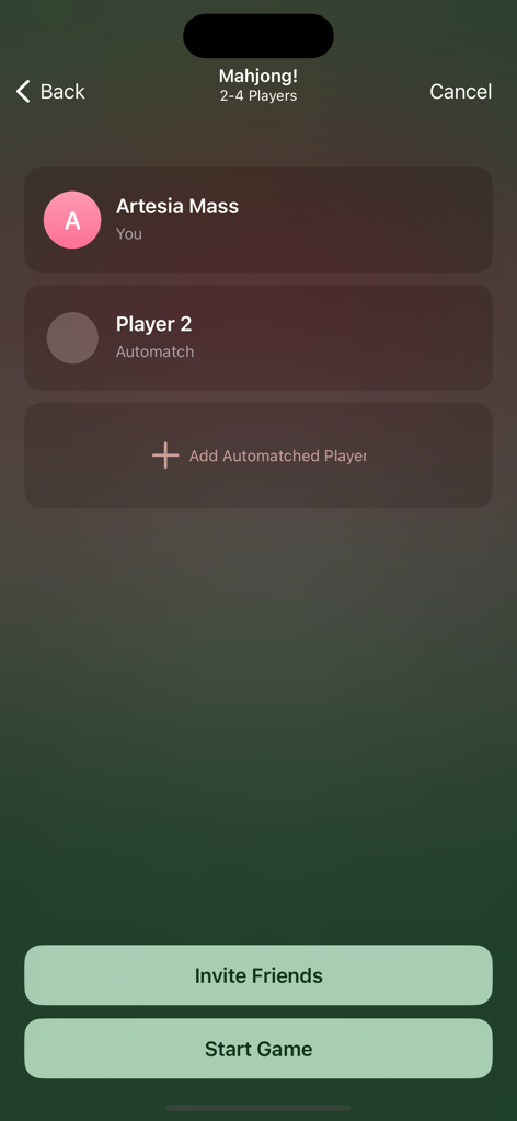 Mahjong! - Multiplayer lobby screen for the Mahjong app showing options to invite friends add automatched players and start the game