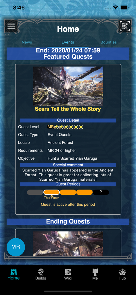 GameCat: MHW - GameCat MHW app home screen showing detailed information for a Monster Hunter World event quest featuring Scarred Yian Garuga.