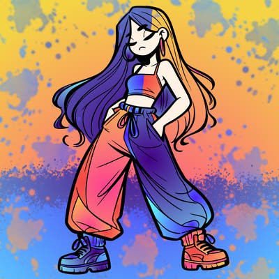 girl in baggy pants crop top and long hair