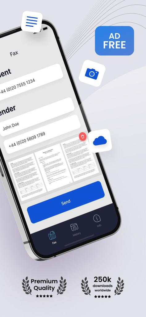 Interface de l'application mobile Smart Fax montrant un aperçu du document et un bouton d'envoi sur un iPhone