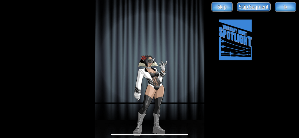 A female wrestler character posing on stage during a Thursday Night Spotlight segment in Modern Mania Wrestling GM.