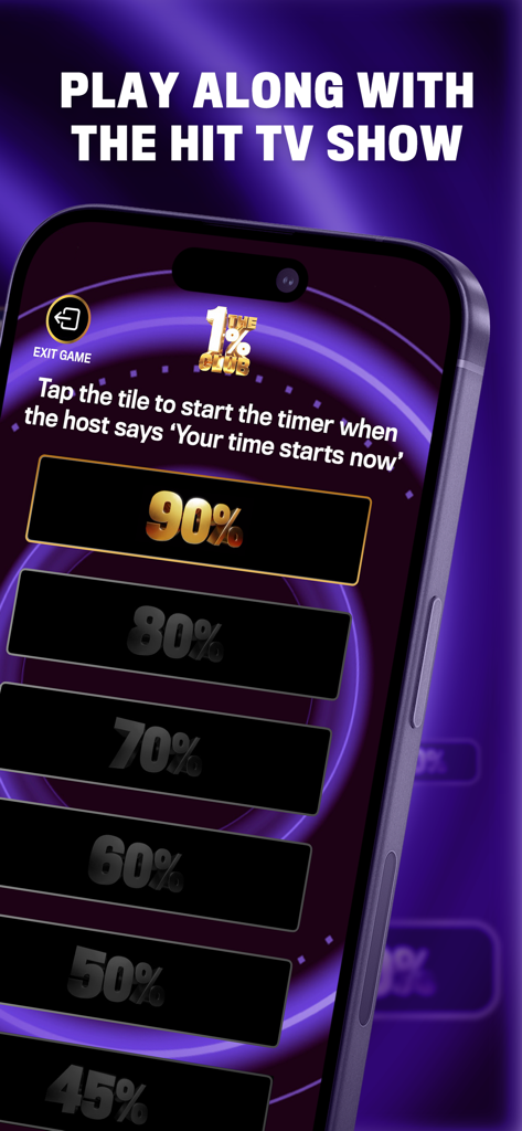 The 1% Club TV Show Quiz Game - Screenshot of the 1 percent club app showing the play along feature with percentage level tiles from ninety percent down to forty five percent
