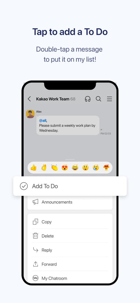카카오워크 Kakao Work - Captura de pantalla de la aplicación Kakao Work que muestra la función de doble toque para agregar un mensaje como tarea pendiente.