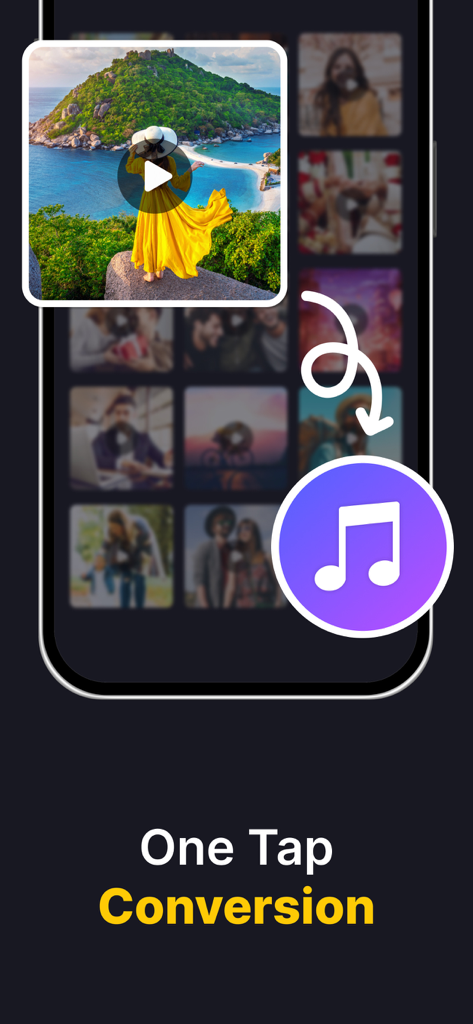 Audio Converter MP3 Converter - Interface of Audio Converter app showing one tap video to audio extraction