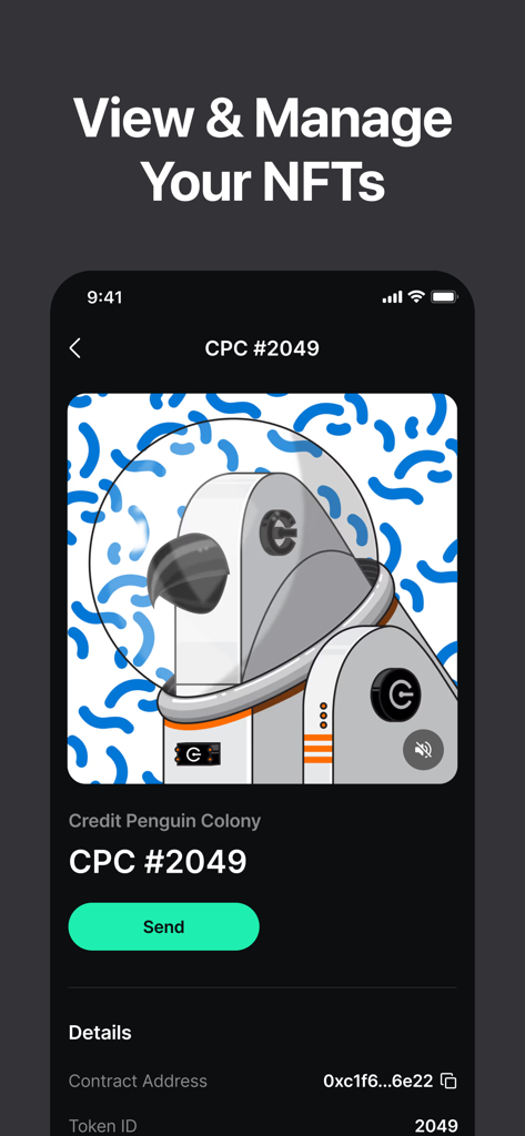 Credit Wallet: Crypto Wallet - Una pantalla móvil de Credit Wallet que muestra un NFT de pingüino de Credit Penguin Colony con un botón de enviar y detalles del token.